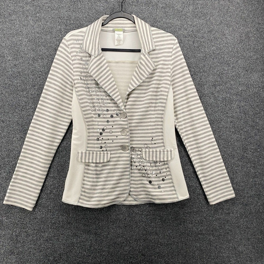 Dolcezza Blazer Jacket Women S Gray Striped Button Up Artsy Art to Wear Abstract